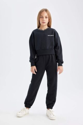 Kız Çocuk 2'li Takım Baskılı Bisiklet Yaka Sweatshirt Beli Lastikli Jogger Eşofman Altı