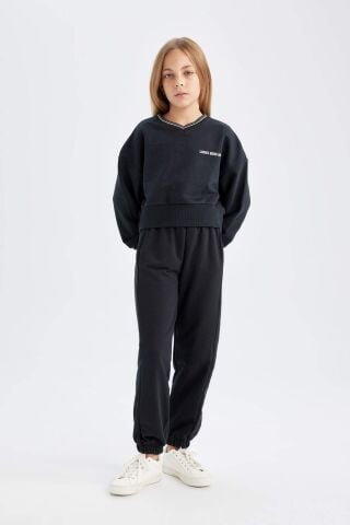 Kız Çocuk 2'li Takım Baskılı Bisiklet Yaka Sweatshirt Beli Lastikli Jogger Eşofman Altı