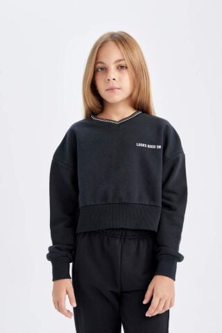 Kız Çocuk 2'li Takım Baskılı Bisiklet Yaka Sweatshirt Beli Lastikli Jogger Eşofman Altı