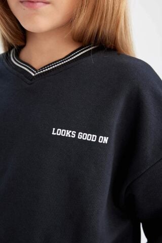 Kız Çocuk 2'li Takım Baskılı Bisiklet Yaka Sweatshirt Beli Lastikli Jogger Eşofman Altı