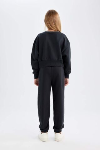 Kız Çocuk 2'li Takım Baskılı Bisiklet Yaka Sweatshirt Beli Lastikli Jogger Eşofman Altı