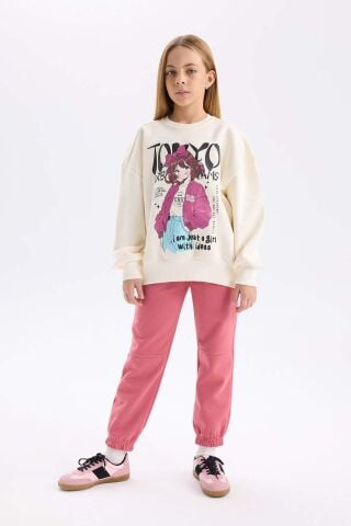 Kız Çocuk 2'li Takım Bisiklet Yaka Baskılı Sweatshirt Beli Lastikli Eşofman Altı