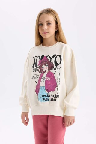 Kız Çocuk 2'li Takım Bisiklet Yaka Baskılı Sweatshirt Beli Lastikli Eşofman Altı