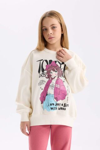Kız Çocuk 2'li Takım Bisiklet Yaka Baskılı Sweatshirt Beli Lastikli Eşofman Altı