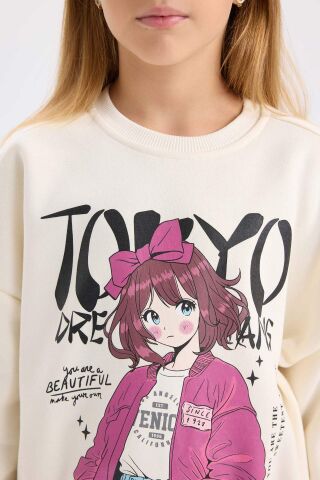Kız Çocuk 2'li Takım Bisiklet Yaka Baskılı Sweatshirt Beli Lastikli Eşofman Altı
