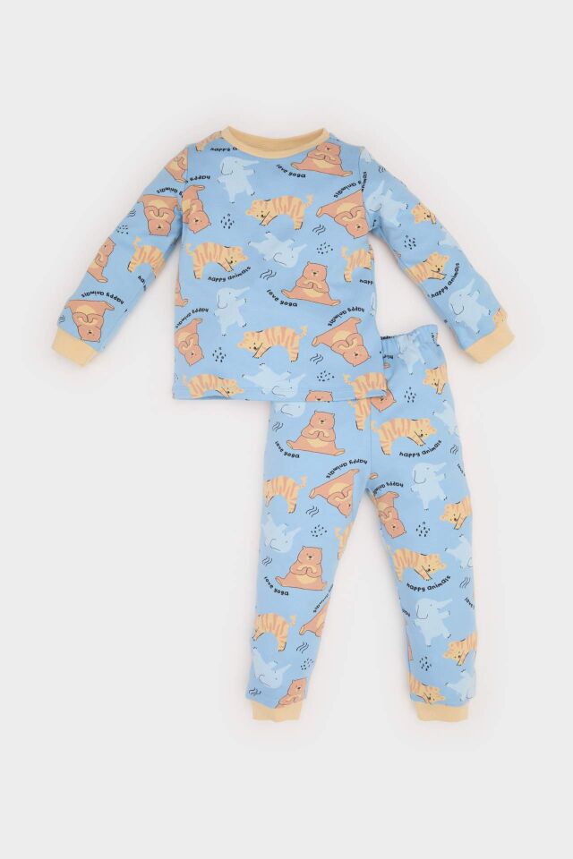 Erkek Bebek Pijama Takımı Hayvan Desenli Uzun Kollu Üst Beli Lastikli Uzun Alt