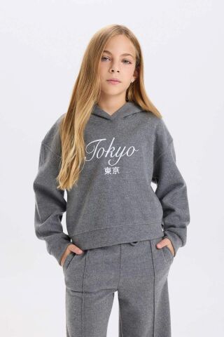 Kız Çocuk Kapüşonlu Baskılı Selanik Kumaş Sweatshirt