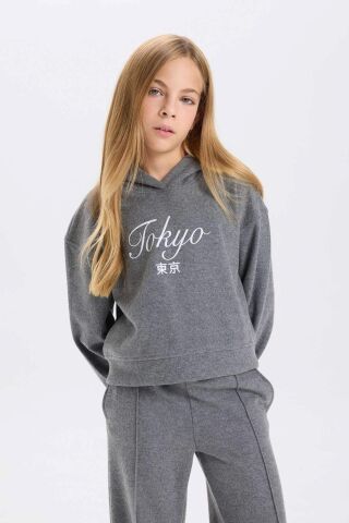 Kız Çocuk Kapüşonlu Baskılı Selanik Kumaş Sweatshirt