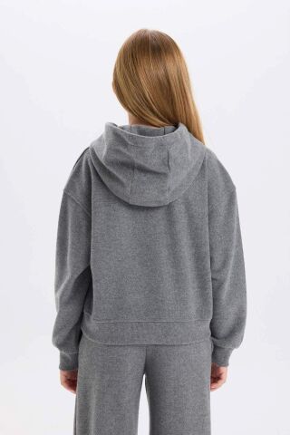 Kız Çocuk Kapüşonlu Baskılı Selanik Kumaş Sweatshirt