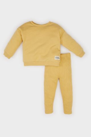 Kız Bebek 2'li Takım Bisiklet Yaka Dokuma Etiketli Sweatshirt Beli Lastikli Tayt
