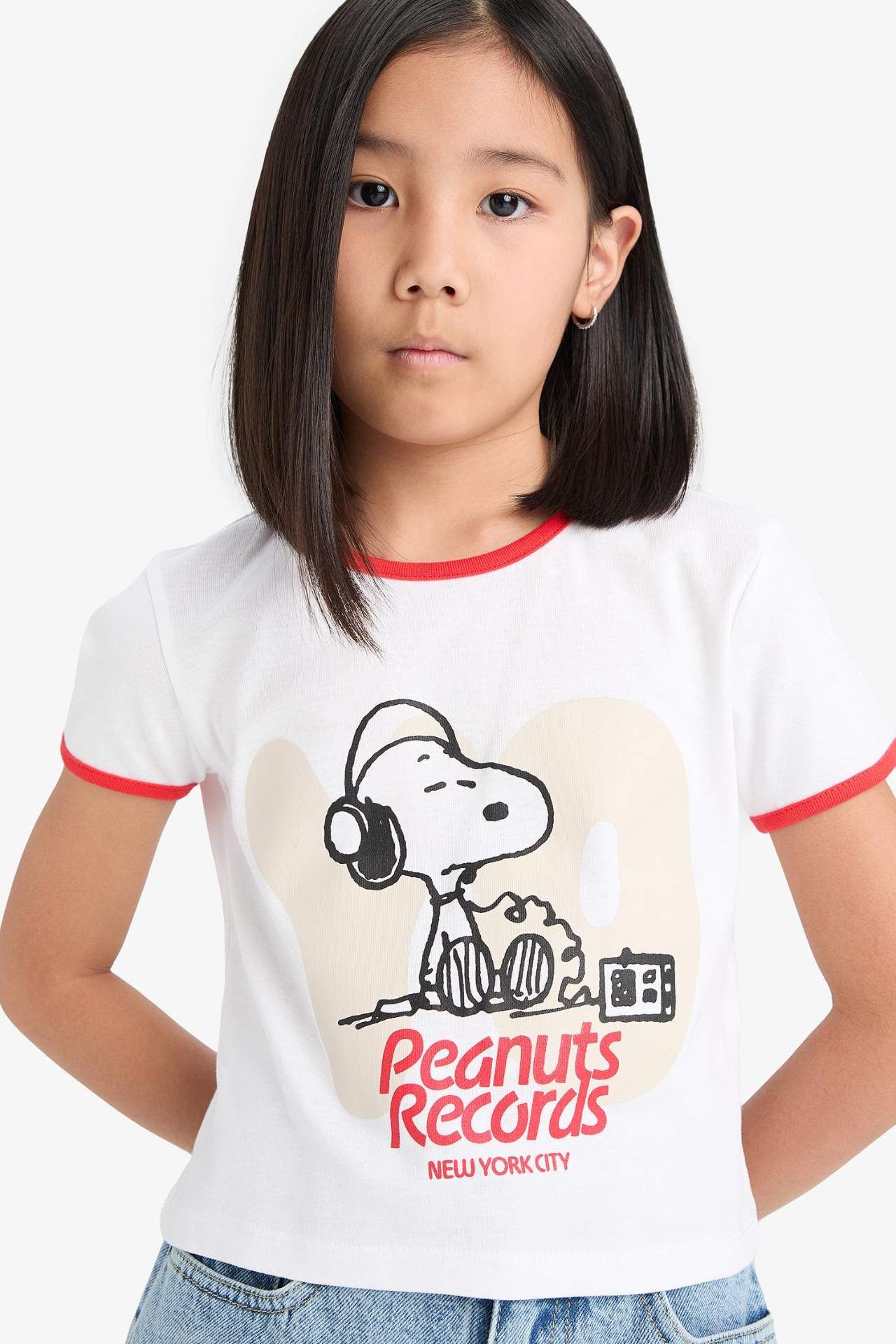 Kız Çocuk Snoopy Crop Bisiklet Yaka Kaşkorse Kısa Kollu Tişört