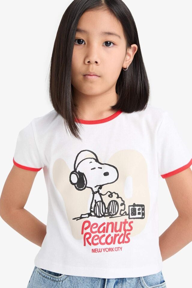 Kız Çocuk Snoopy Crop Bisiklet Yaka Kaşkorse Kısa Kollu Tişört
