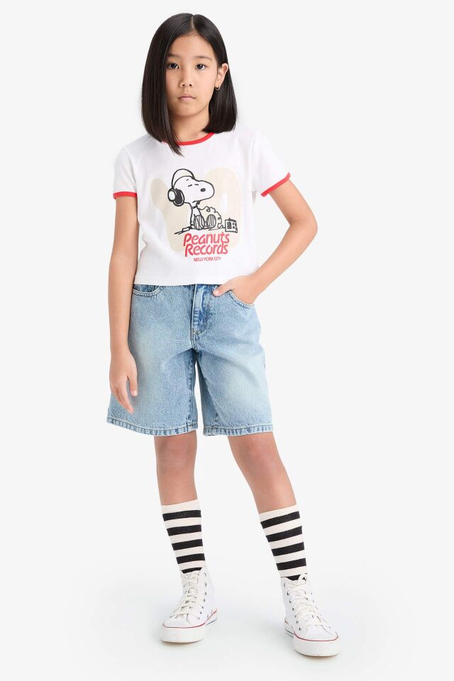 Kız Çocuk Snoopy Crop Bisiklet Yaka Kaşkorse Kısa Kollu Tişört