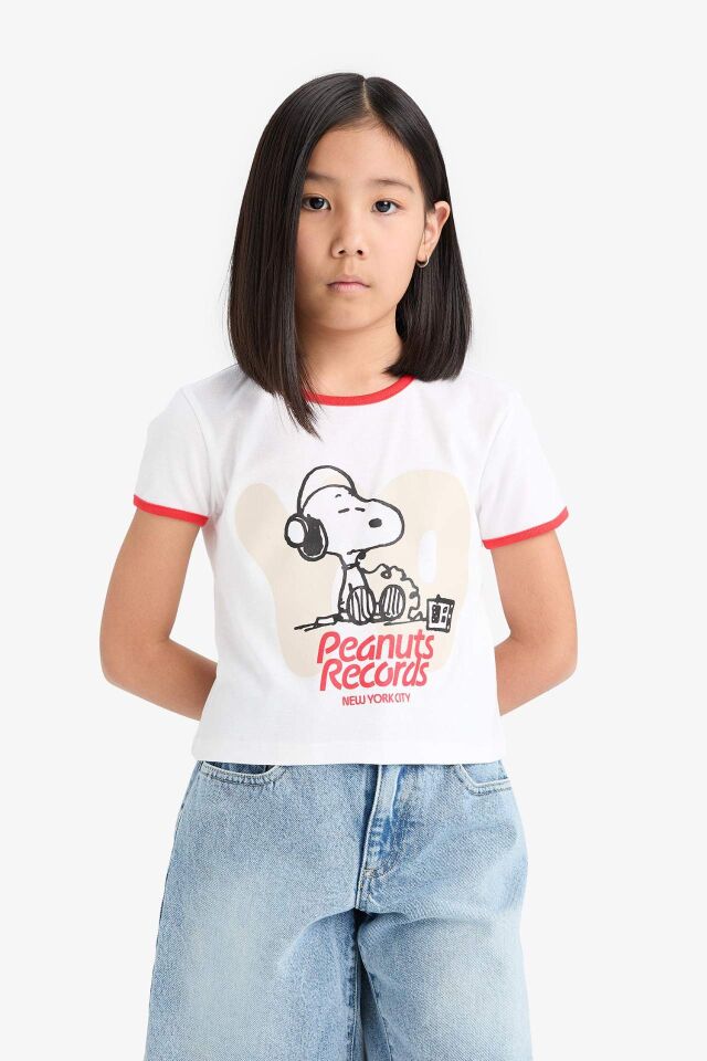 Kız Çocuk Snoopy Crop Bisiklet Yaka Kaşkorse Kısa Kollu Tişört