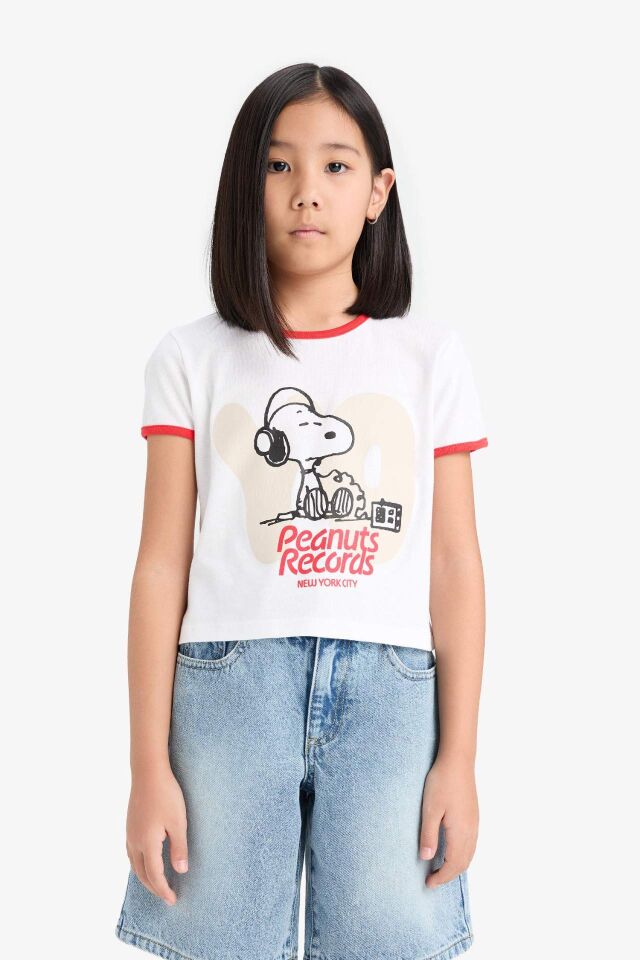 Kız Çocuk Snoopy Crop Bisiklet Yaka Kaşkorse Kısa Kollu Tişört