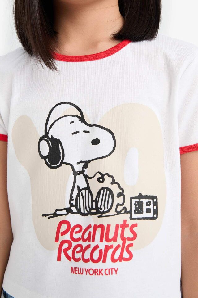 Kız Çocuk Snoopy Crop Bisiklet Yaka Kaşkorse Kısa Kollu Tişört