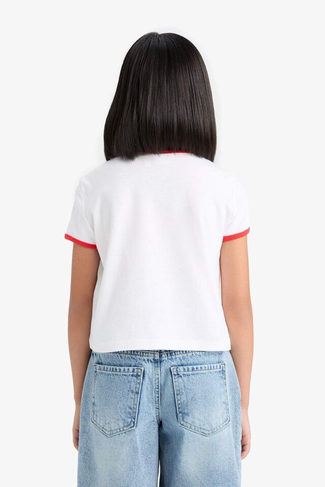 Kız Çocuk Snoopy Crop Bisiklet Yaka Kaşkorse Kısa Kollu Tişört