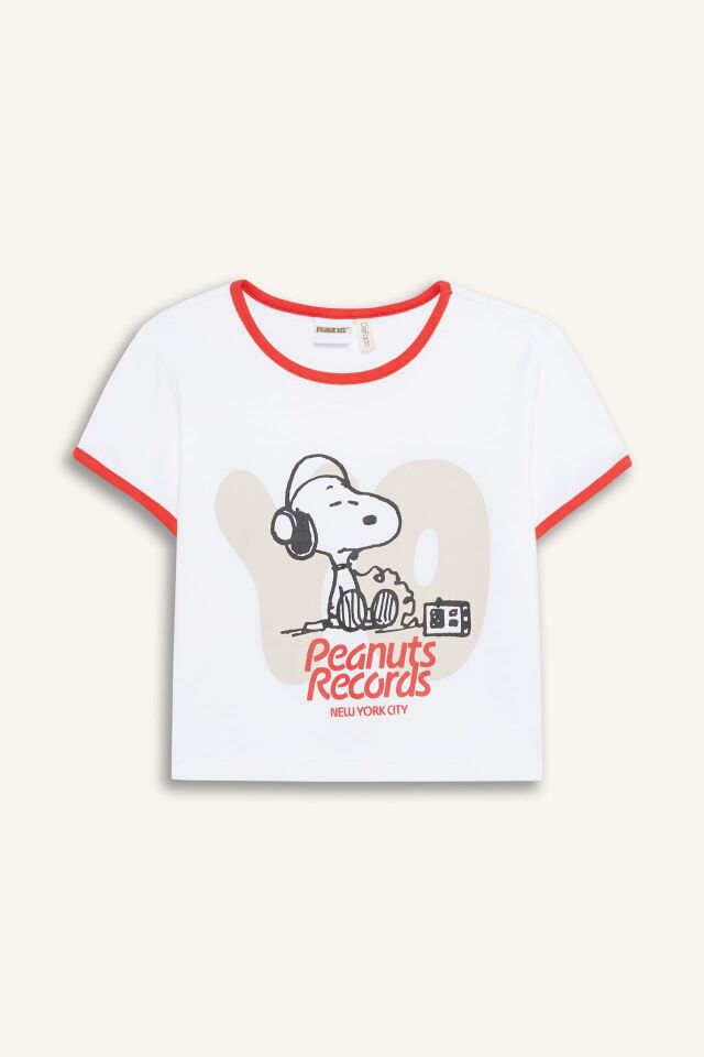 Kız Çocuk Snoopy Crop Bisiklet Yaka Kaşkorse Kısa Kollu Tişört