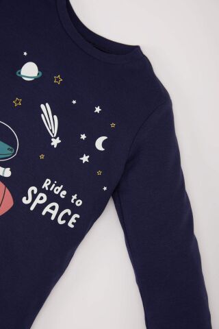 Erkek Bebek Pijama Takımı Uzay Baskılı Uzun Kollu Üst Beli Lastikli Uzun Alt