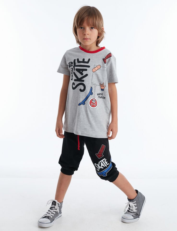 Born to Skate Erkek Çocuk T-shirt Kapri Şort Takım 6 Y - Krem Siyah