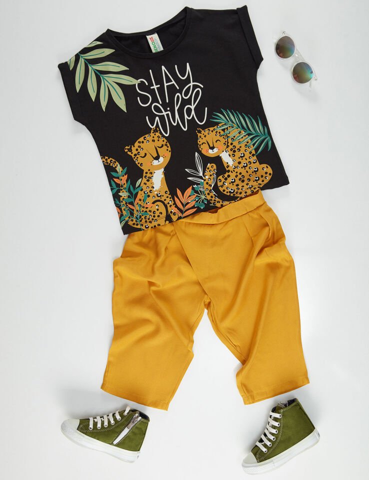 Stay Leo Kız Çocuk T-shirt Kapri Pantolon Takım 9 Y - Haki,Siyah