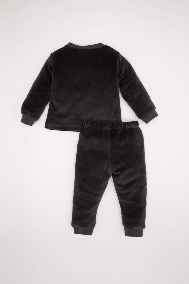 Erkek Bebek Pijama Takım Penguen Desenli Velur Uzun Kollu Üst Beli Lastikli Uzun Alt