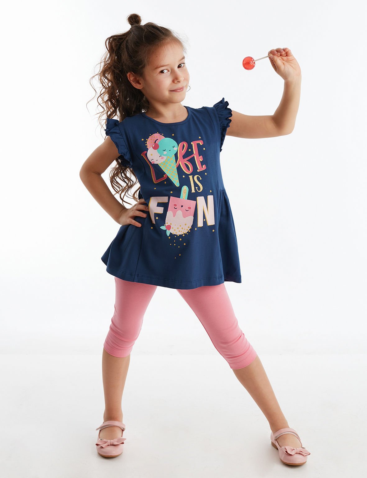 Fun Fırfırlı Kız Çocuk Tunik Tayt Takım 3 Y - Lacivert Pembe