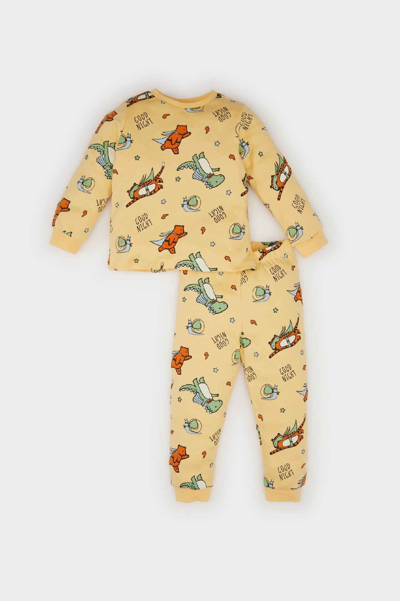 Erkek Bebek Pijama Takımı Bisiklet Yaka Dinazor Baskılı Uzun Kollu Üst Beli Lastikli Uzun Alt