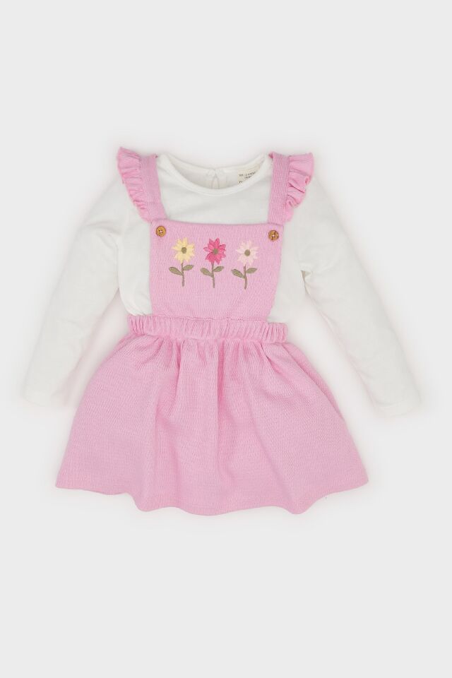 Kız Bebek 2'li Takım Bisiklet Yaka Uzun Kollu Üst Askılı Salopet Elbise