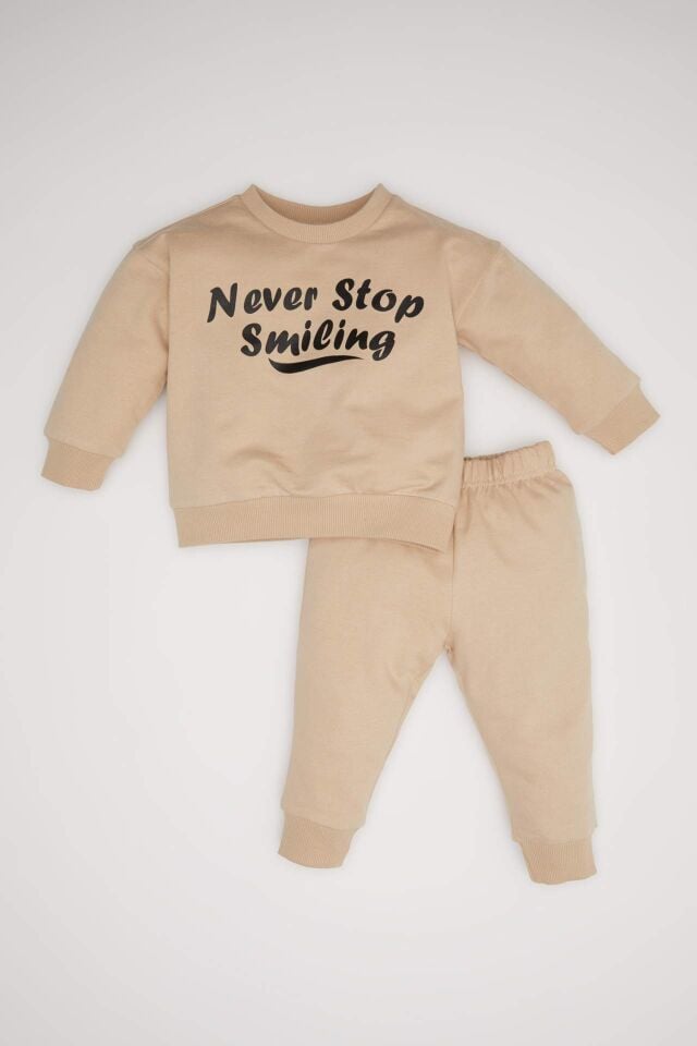 Erkek Bebek 2'li Takım Baskılı Bisiklet Yaka Sweatshirt Üst Jogger Eşofman Altı