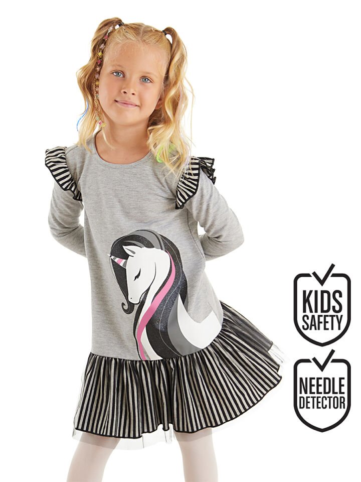 Zarif Unicorn Gri Kız Çocuk Elbise