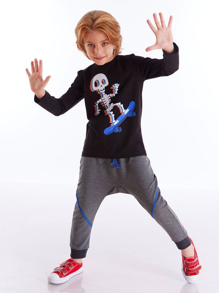 Colorful Skate Erkek Çocuk T-shirt Pantolon Takım 9 Y - Siyah, Gri