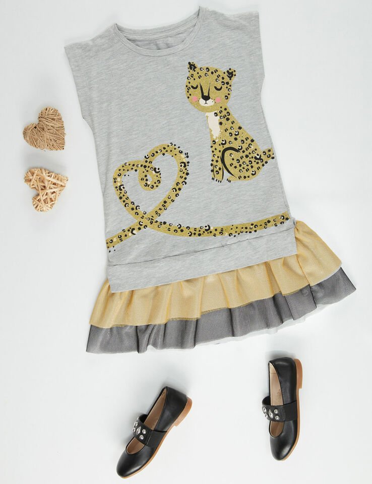 Mini Leopar Kız Çocuk Elbise 6 Y - Gri