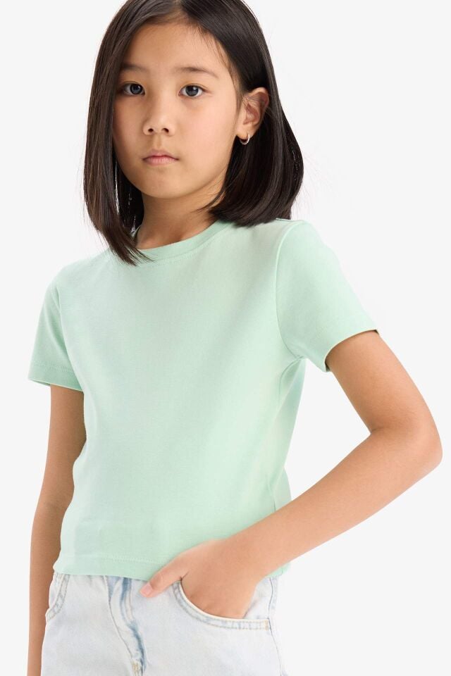 Kız Çocuk Slim Fit Dar Kesim Bisiklet Yaka Ribana Basic Düz Kısa Kollu Tişört