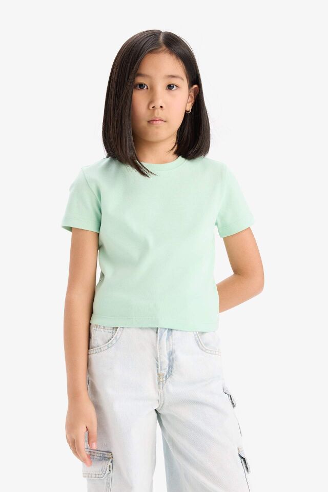 Kız Çocuk Slim Fit Dar Kesim Bisiklet Yaka Ribana Basic Düz Kısa Kollu Tişört