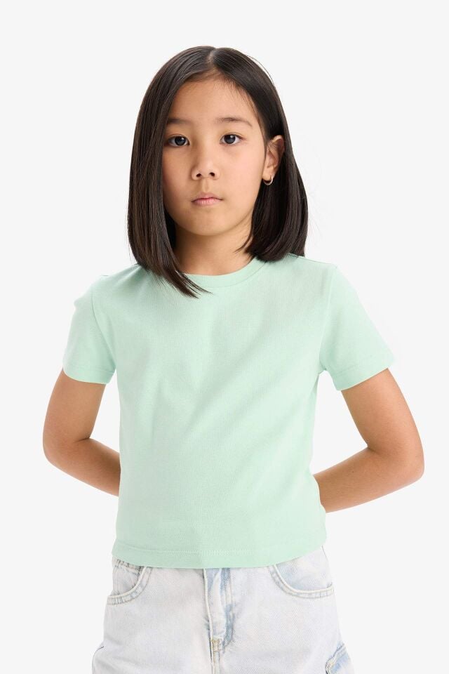 Kız Çocuk Slim Fit Dar Kesim Bisiklet Yaka Ribana Basic Düz Kısa Kollu Tişört