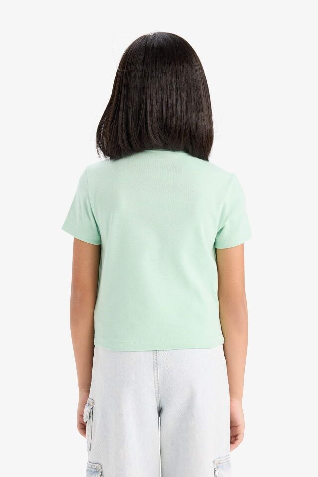 Kız Çocuk Slim Fit Dar Kesim Bisiklet Yaka Ribana Basic Düz Kısa Kollu Tişört