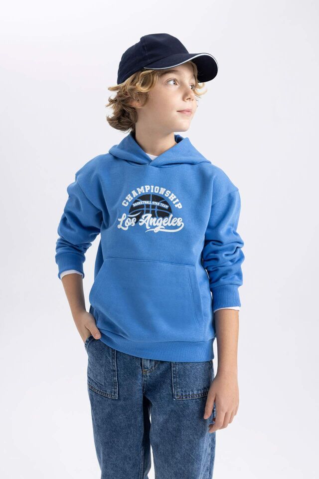 Erkek Çocuk Baskılı Kanguru Cepli Kapüşonlu Sweatshirt