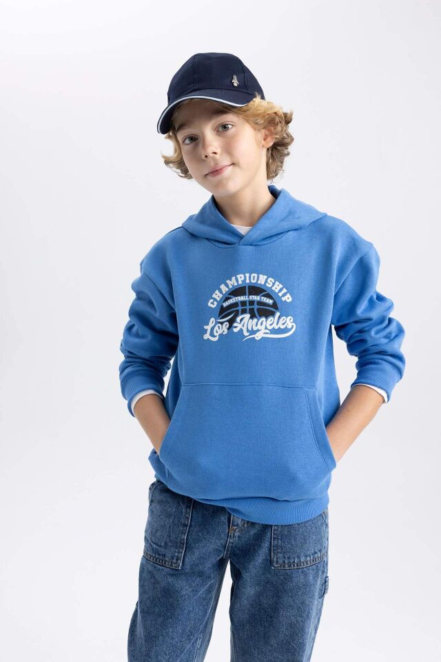 Erkek Çocuk Baskılı Kanguru Cepli Kapüşonlu Sweatshirt