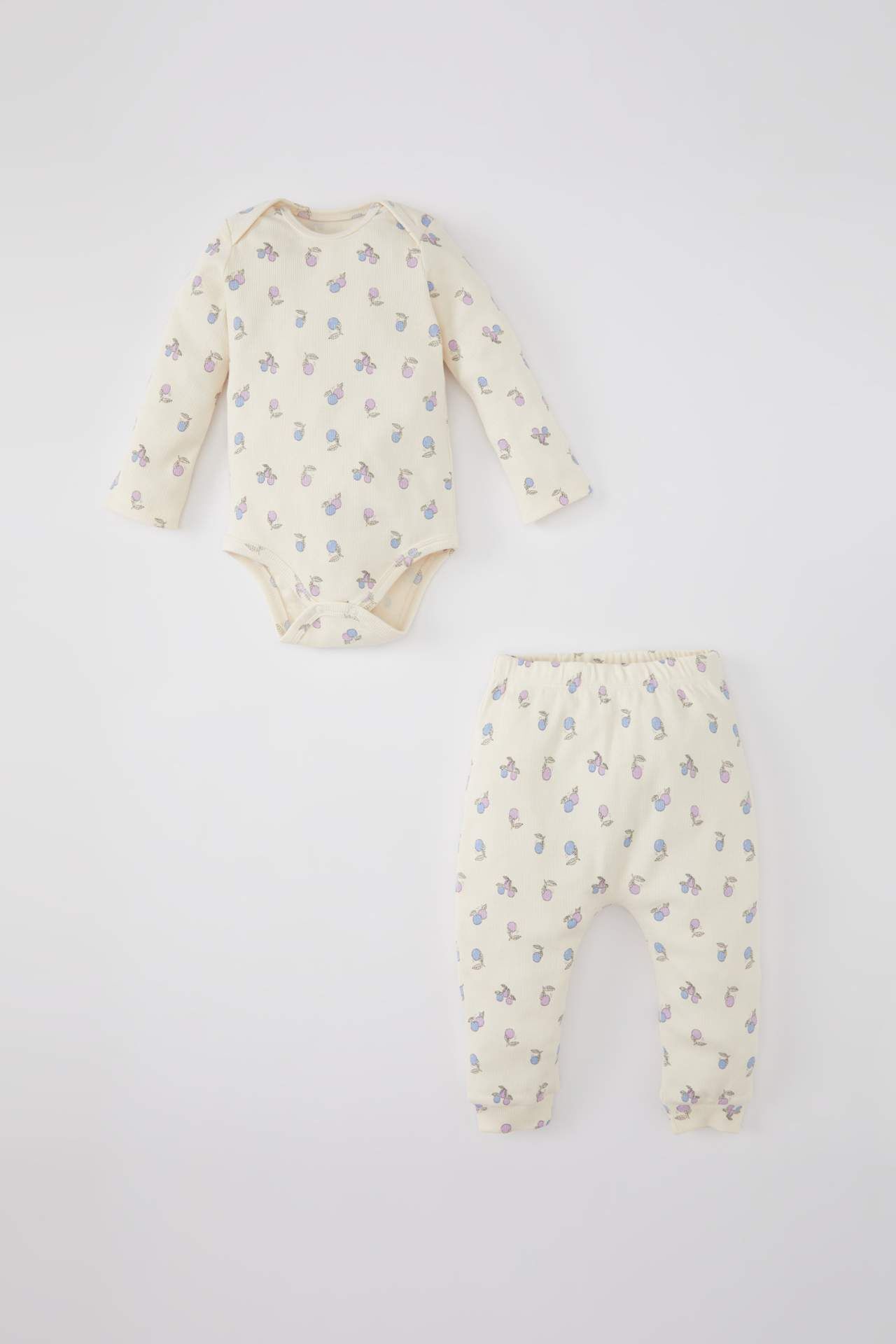 Kız Bebek Meyve Desenli Uzun Kollu Fitilli Kaşkorse Çıtçıtlı Body Alt 2'li Takım