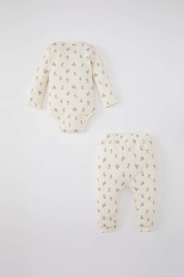 Kız Bebek Meyve Desenli Uzun Kollu Fitilli Kaşkorse Çıtçıtlı Body Alt 2'li Takım