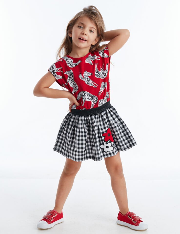 Zebra Ekoseli Kız Çocuk Elbise 7 Y - Kırmızı Beyaz Siyah