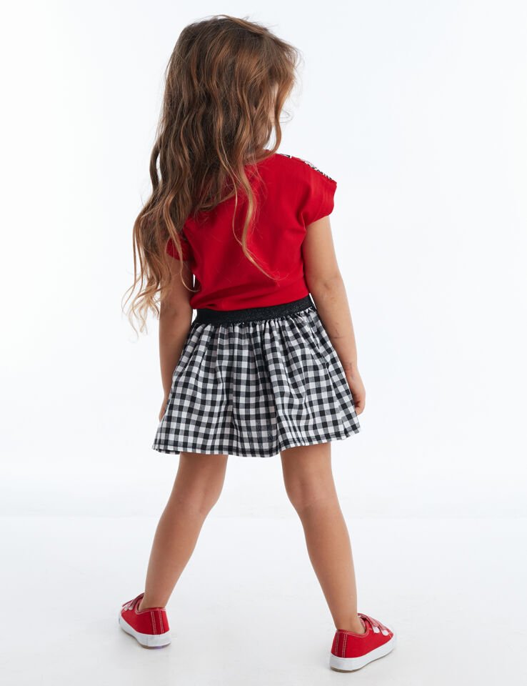 Zebra Ekoseli Kız Çocuk Elbise 7 Y - Kırmızı Beyaz Siyah