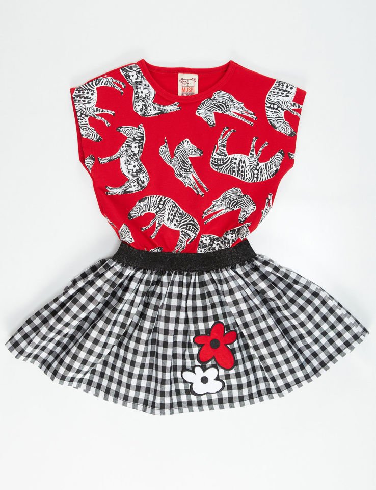Zebra Ekoseli Kız Çocuk Elbise 7 Y - Kırmızı Beyaz Siyah