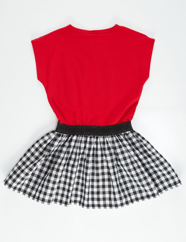 Zebra Ekoseli Kız Çocuk Elbise 7 Y - Kırmızı Beyaz Siyah