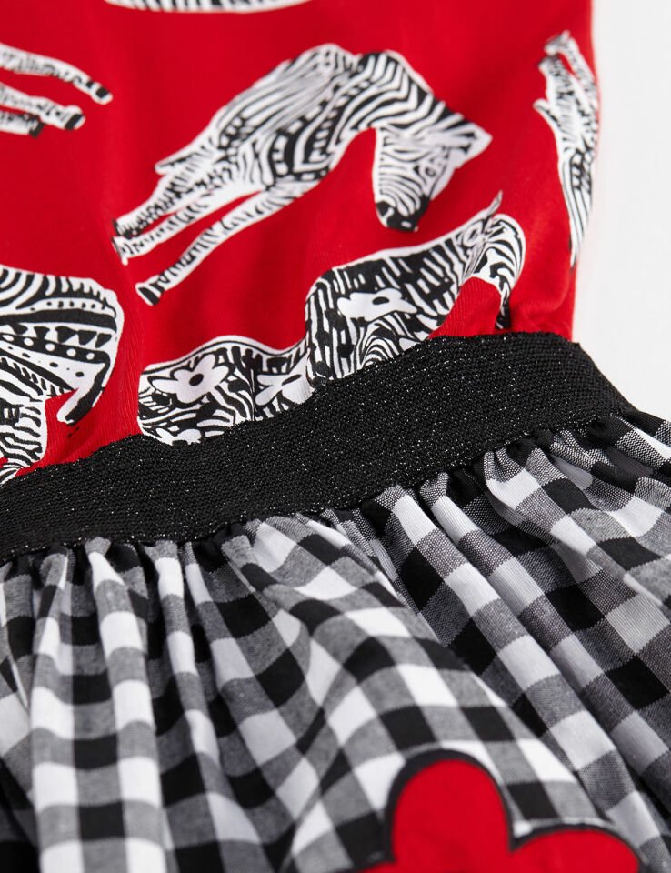 Zebra Ekoseli Kız Çocuk Elbise 7 Y - Kırmızı Beyaz Siyah