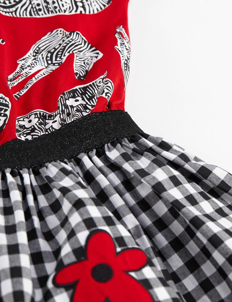 Zebra Ekoseli Kız Çocuk Elbise 7 Y - Kırmızı Beyaz Siyah