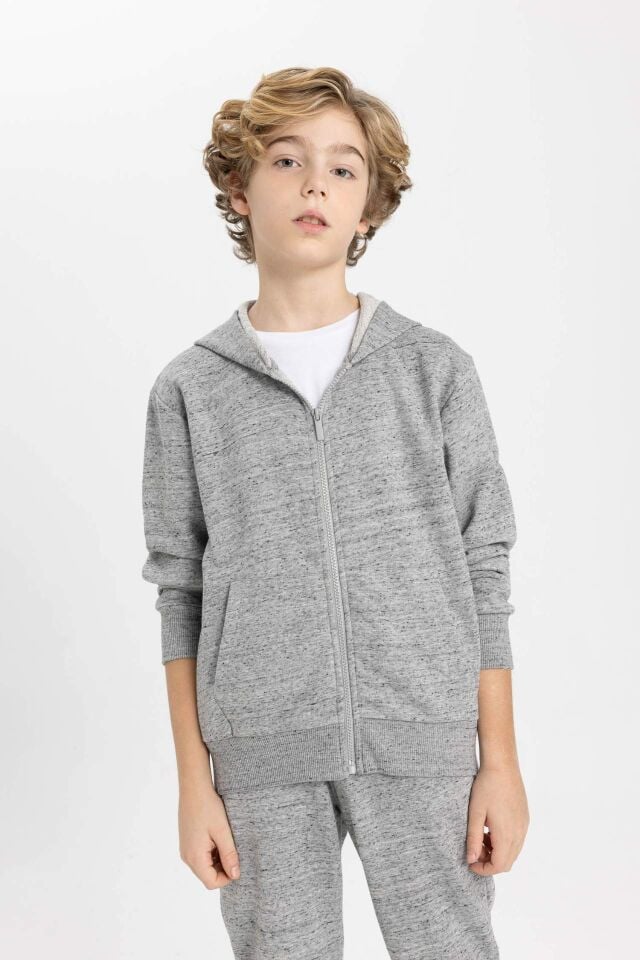 Erkek Çocuk Kapüşonlu Fermuarlı Basic Düz Sweatshirt
