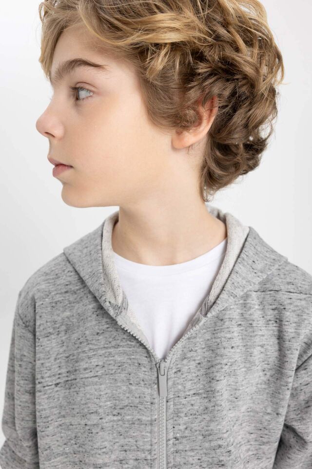 Erkek Çocuk Kapüşonlu Fermuarlı Basic Düz Sweatshirt