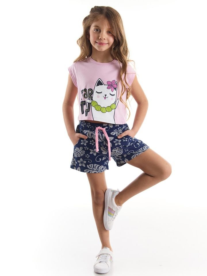 Hawaii Cat Kız Crop Top Şort Takım 7 Y - Pembe, Lacivert